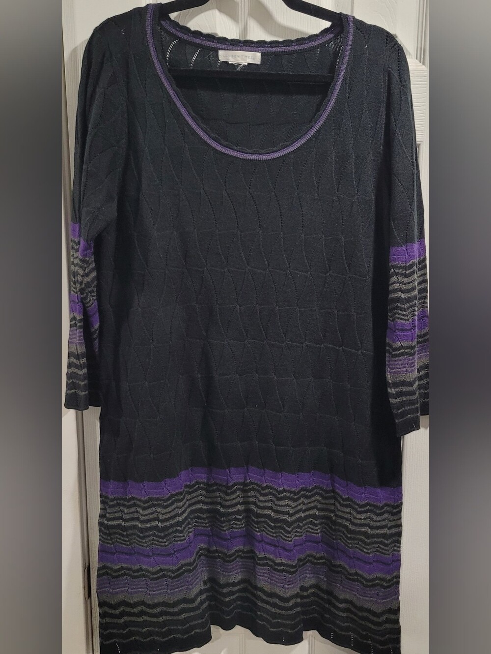 London Times Black Knit Sweater Dress with Purple and Gray Stripes